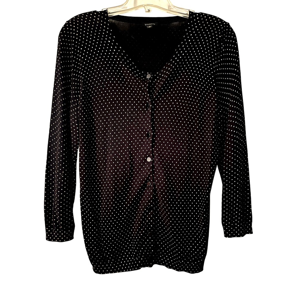 Talbots Black tan Polka Dot V-Neck Cardigan Sweater‎ S
